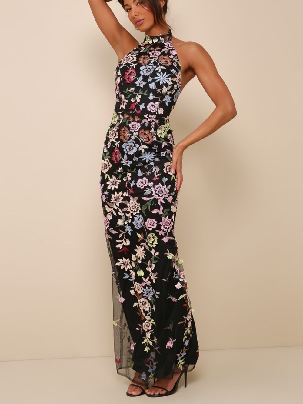Lulus Infinite Praise Black 3D Floral Embroidered Halter Maxi Dress Size M NWT